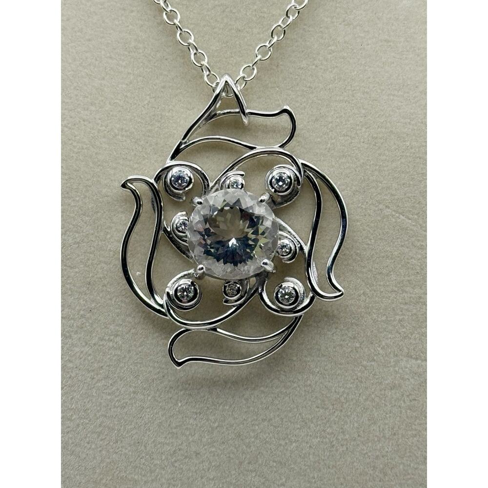 Sterling Silver Pendant With Quartz Crystal And Zircon Gemstones Handmade